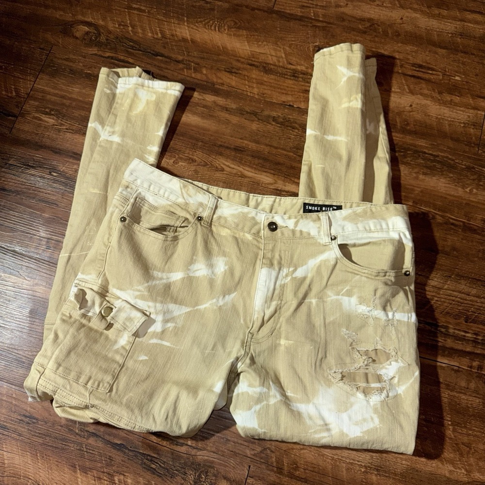 Smoke Rise Tan Tie Dye 38x32 Men's Cargo Distressed Jeans